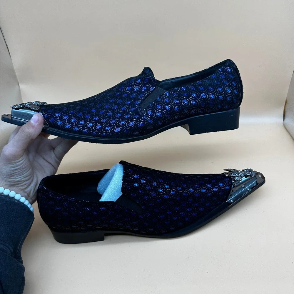 Santimon‎ Men's US 9.5 Black/Blue Leather Metal Tip Western Loafers Dress Shoes